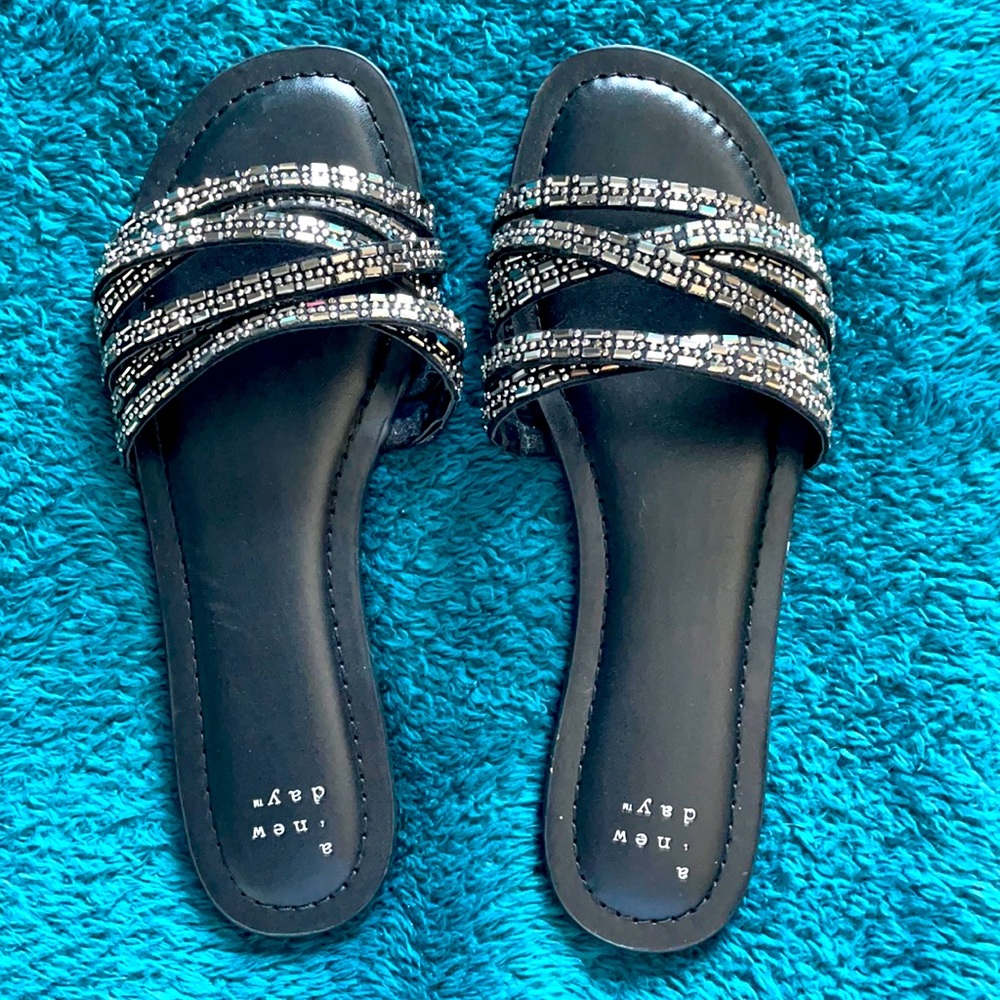 Black embellished women’s sandals- silver detail